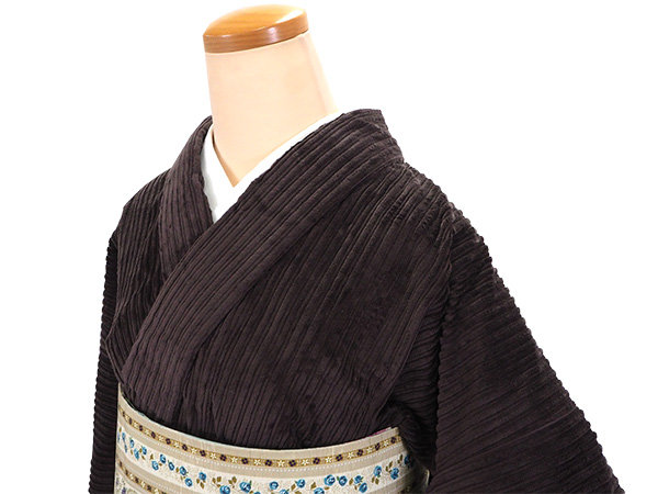 着物 コーデュロイ 単衣 カジュアル 仕立て上がり 単品 ブラウン 無地