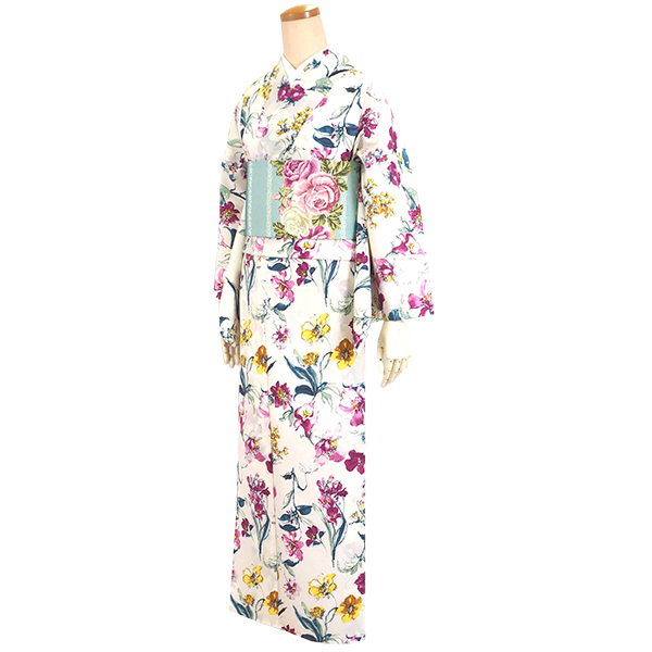 洗える夏着物【新品】ベージュ地にローズ柄 着物 半幅帯 2点セット 洗える 袷 仕立て上がり ライトベージュ