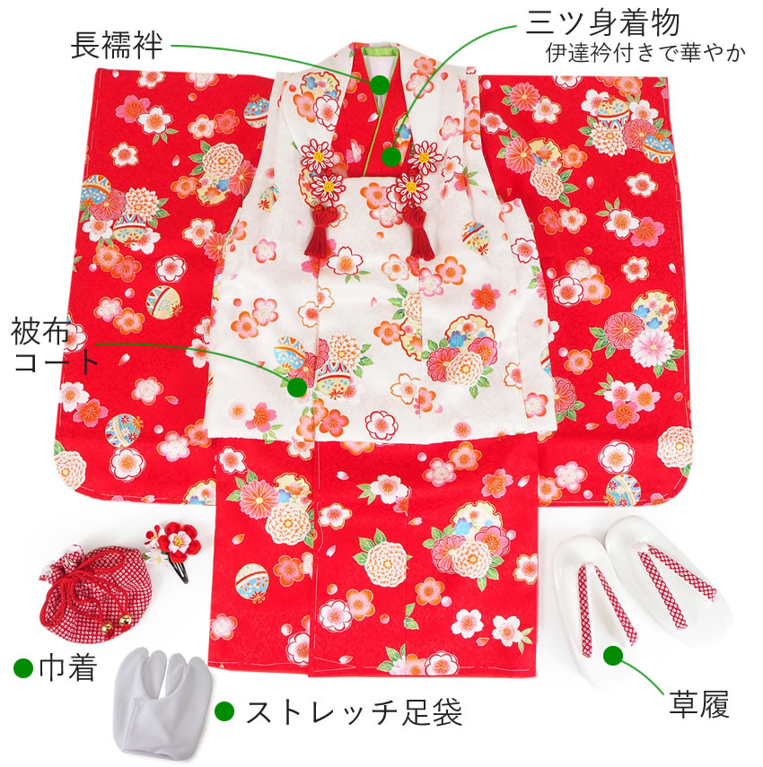 フルセット 七五三3歳女の子　赤地　桜　毬　組紐　地紋　伊達衿　草履　巾着 七五三 女の子 着物 3歳 8点セット 被布 5柄 2023 赤 ピンク