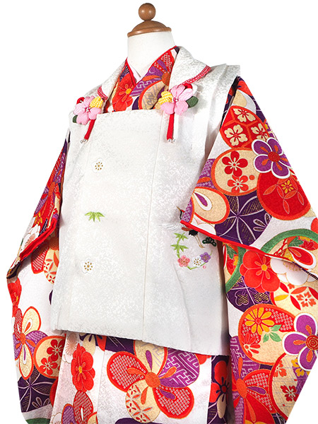 七五三 女の子 3歳 着物 正絹 被布 7点 セット 白色 紫 ねじ梅 三ツ身