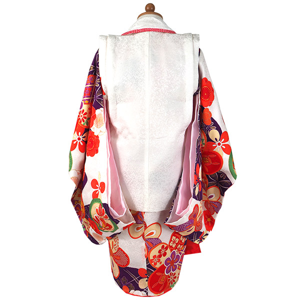 七五三 女の子 3歳 着物 正絹 被布 7点 セット 白色 紫 ねじ梅 三ツ身