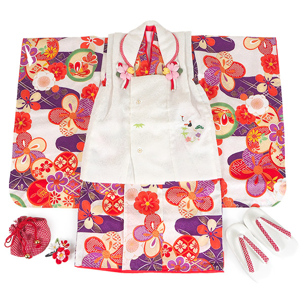 七五三 女の子 3歳 着物 正絹 被布 7点 セット 白色 紫 ねじ梅 三ツ身