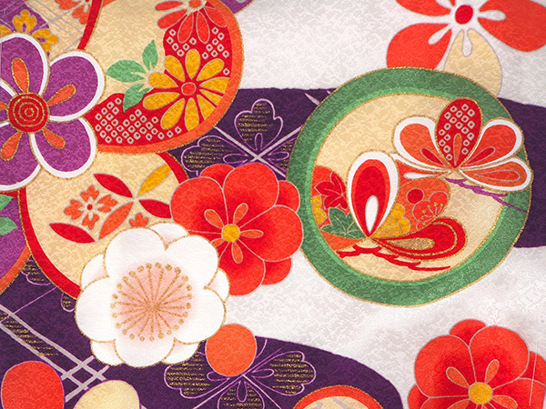 七五三 女の子 3歳 着物 正絹 被布 7点 セット 白色 紫 ねじ梅 三ツ身