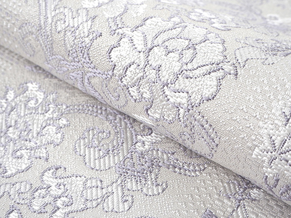 名古屋帯 正絹 新品 未仕立て 反物 八寸 ライトグレー地 花唐草 ドット