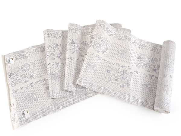 名古屋帯 正絹 新品 未仕立て 反物 八寸 ライトグレー地 花唐草 ドット