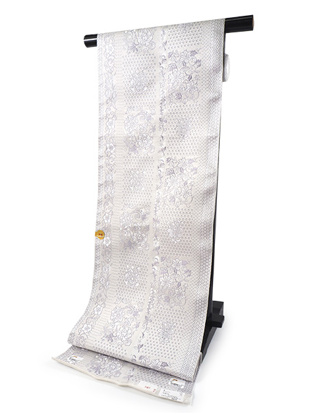 名古屋帯 正絹 新品 未仕立て 反物 八寸 ライトグレー地 花唐草 ドット