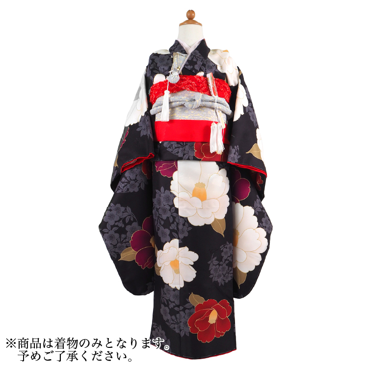 七五三七歳 着物 花柄 黒色 着物 7歳 七五三 黒色 紗綾柄地紋 椿 桜 花丸文様 四つ身 単品 長襦袢