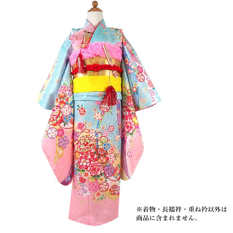七五三 着物 7歳 水色地 桜地紋 鞠 牡丹 熨斗目 組紐 四つ身 単品