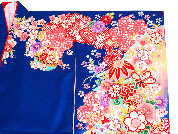 七五三 着物 7歳 青色地 桜地紋 金コマ鞠 桜 四つ身 単品 長襦袢