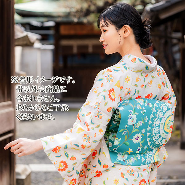 名古屋帯 新品 仕立て上がり オリジナル ブルーグリーン 花柄