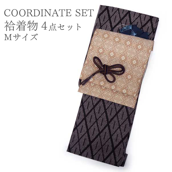 洗える着物 4点 セット 袷着物 名古屋帯 帯揚げ 帯締め M 茶紫 疋田
