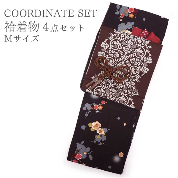 洗える着物 4点 セット 袷着物 名古屋帯 帯揚げ 帯締め M 黒地 梅椿柄 