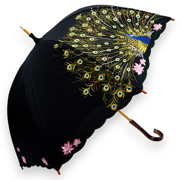 日傘 UVカット 完全遮光 長傘 4種類 おしゃれ 孔雀 刺繍 ホワイト ブラック ネイビー グレー...