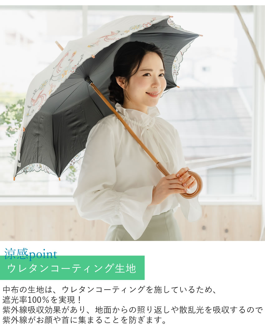 日傘 UVカット 完全遮光 長傘 おしゃれ 宝相華 花 鳥 刺繍 ホワイト 白