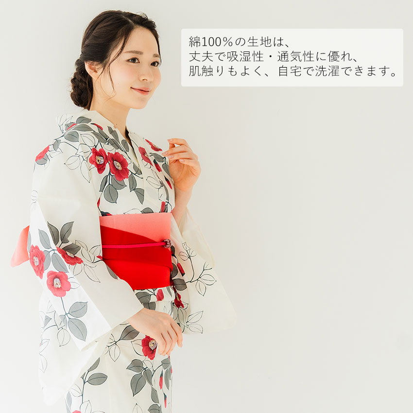 浴衣 単品 レディース 椿 オフホワイト地 赤 フリーサイズ 大人 ゆかた yukata 綿 粋 レトロ モダン 和装 和服 女性 夏祭り 花火大会｜kimono-kyoukomati｜02