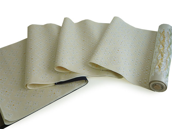 名古屋帯 単品 正絹 仕立て付き 九寸 クリームベージュ紫 花菱 なごや