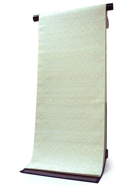 名古屋帯 単品 正絹 仕立て付き 九寸 クリームベージュ紫 花菱 なごや