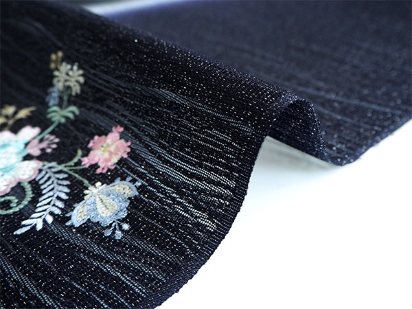 名古屋帯 単品 正絹 仕立て付き 九寸 黒×紫ぼかし 花 レース 刺繍
