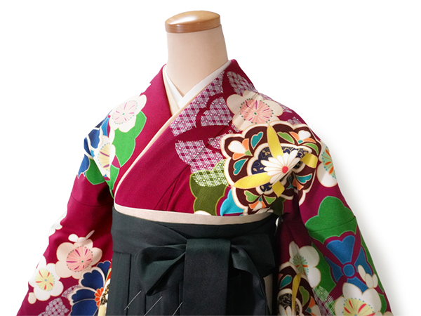 卒業式 二尺袖 着物 袴用 洗える 単品 赤紫 華やか 梅 華紋 ショート丈