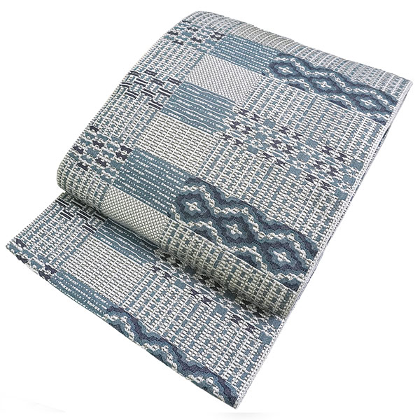 名古屋帯 新品 仕立て上がり 幾何学柄 ベージュ グレー ブラック 松葉  