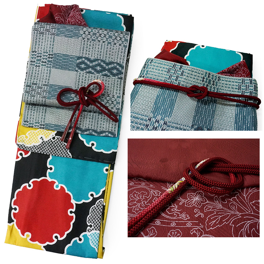 洗える 着物 4点セット オリジナル 袷 L 黒 雪輪 ネイビー 帯 帯揚げ