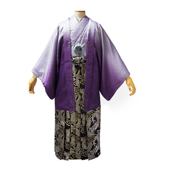 着物 羽織 袴 3点セット 紋付 成人式 卒業式 紫ボカシ 金 銀 亀甲 龍