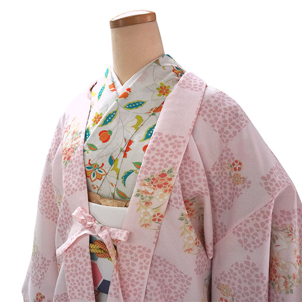 長羽織 洗える羽織 着物コート 冬 レディースピンク地 市松 桜 羽織