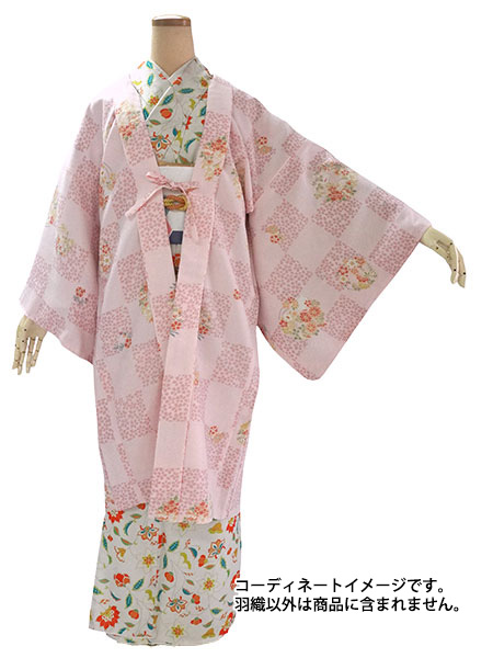 長羽織 洗える羽織 着物コート 冬 レディースピンク地 市松 桜 羽織