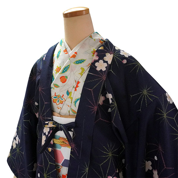 長羽織 洗える羽織 着物コート 冬 レディース ネイビー地 麻の葉 桜