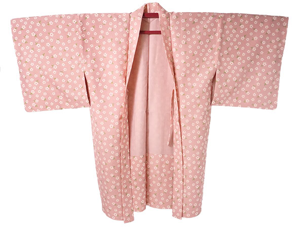 羽織 正絹 絞り 白色ｘピンク色ｘ灰色 亀甲に花模様 着物コート 着物用 ちりよけ 防寒 上着 リメイク シルク 身丈78cm【中古】 長羽織 洗える羽織 着物コート 冬 レディース ピンク地 桜 羽織 羽織紐