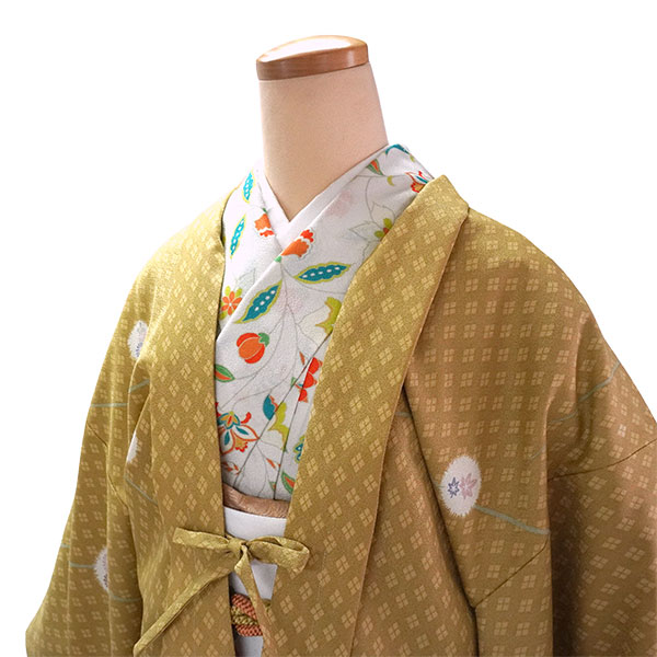 長羽織 洗える羽織 着物コート 冬 レディース からし地 菊 紅葉 桔梗