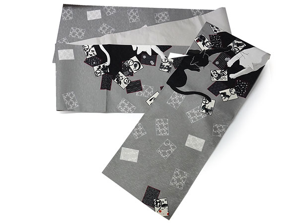 京袋帯 WAKKA帯 単品 グレー ねこ カルタ 帯 正絹 猫 動物柄 着物