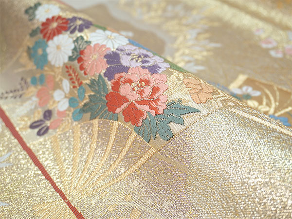 袋帯 正絹 西陣織 ゴールド 扇 秋草 牡丹 菊 松 梅 六通柄 お仕立て付き 証紙付 フォーマル 礼装 訪問着 色無地 留袖 結婚式 卒業式 レディースの画像