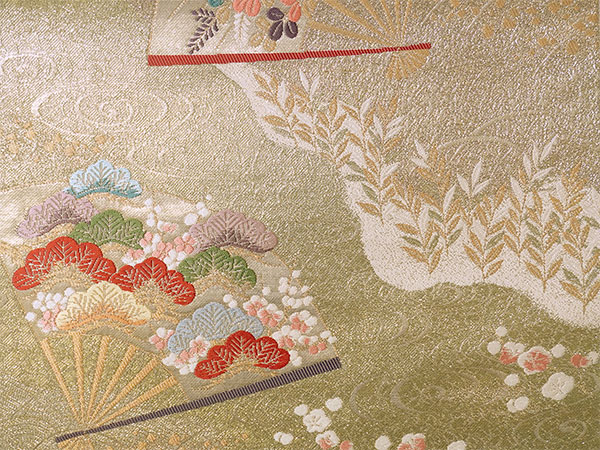 袋帯 正絹 西陣織 ゴールド 扇 秋草 牡丹 菊 松 梅 六通柄 お仕立て付き 証紙付 フォーマル 礼装 訪問着 色無地 留袖 結婚式 卒業式 レディースの画像
