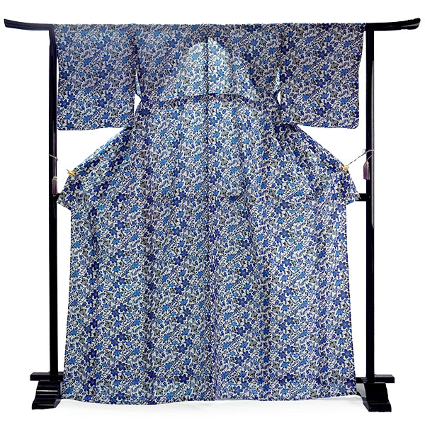 洗える 夏着物 浴衣 単品 グレー ブルー 琉球更紗 Mサイズ 紅型 ブラン