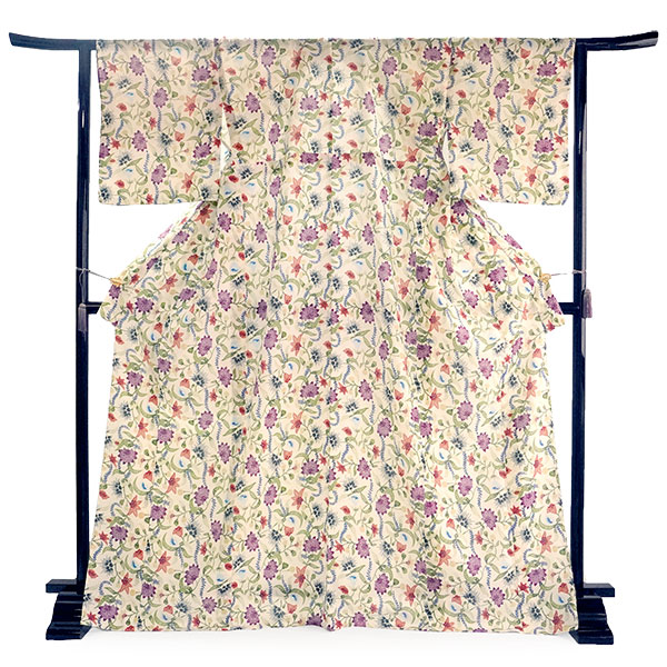 洗える 夏着物 浴衣 単品 オフホワイト 更紗 Mサイズ 紅型 ブラン