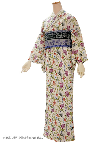 洗える 夏着物 浴衣 単品 オフホワイト 更紗 Mサイズ 紅型 ブラン