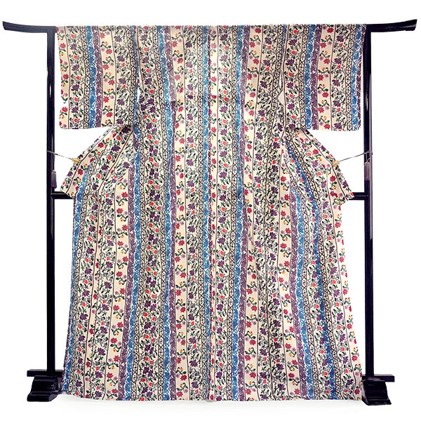 洗える 夏着物 浴衣 単品 オフホワイト 縦段 更紗 Mサイズ 紅型