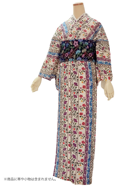 洗える 夏着物 浴衣 単品 オフホワイト 縦段 更紗 Mサイズ 紅型
