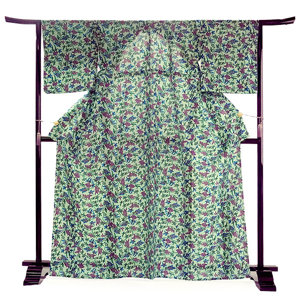 洗える 夏着物 浴衣 単品 グリーン 唐草 Lサイズ 紅型 ブランジュジュ