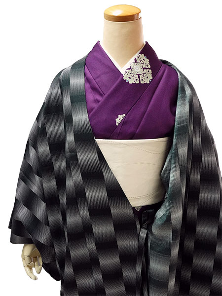 着物 雨コート 撥水加工 ブラック ドット ぼかし 縞 Mサイズ 仕立て