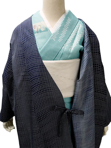 着物 雨コート 撥水加工 ネイビー 格子 幾何学 Lサイズ 仕立て上がり