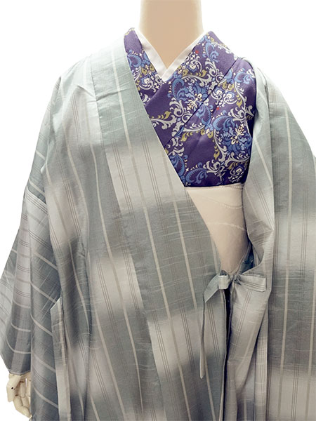 着物 雨コート 撥水加工 グレー ぼかし 縞 XSサイズ 仕立て上がり ワンピース 道中着衿 ポリエステル 塵除け |  | 06