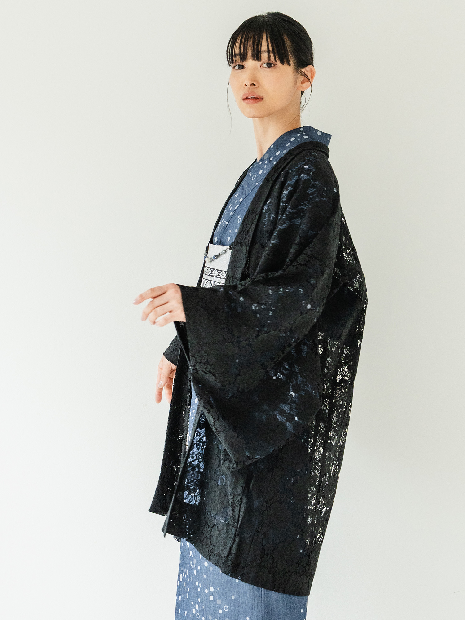 レース羽織 着物 ブラック 花柄 Mサイズ 薄羽織 長羽織 カジュアル 春
