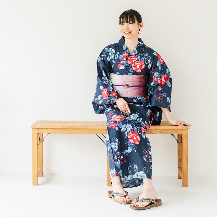浴衣 レディース 単品 フリーサイズ ネイビー 椿 レッド 花咲音 綿