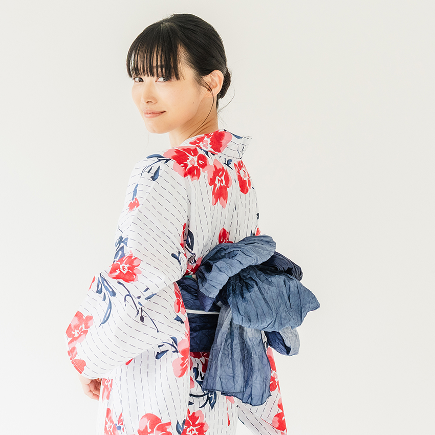浴衣 レディース 単品 フリーサイズ ホワイト 花 縞 レッド 花咲音 綿
