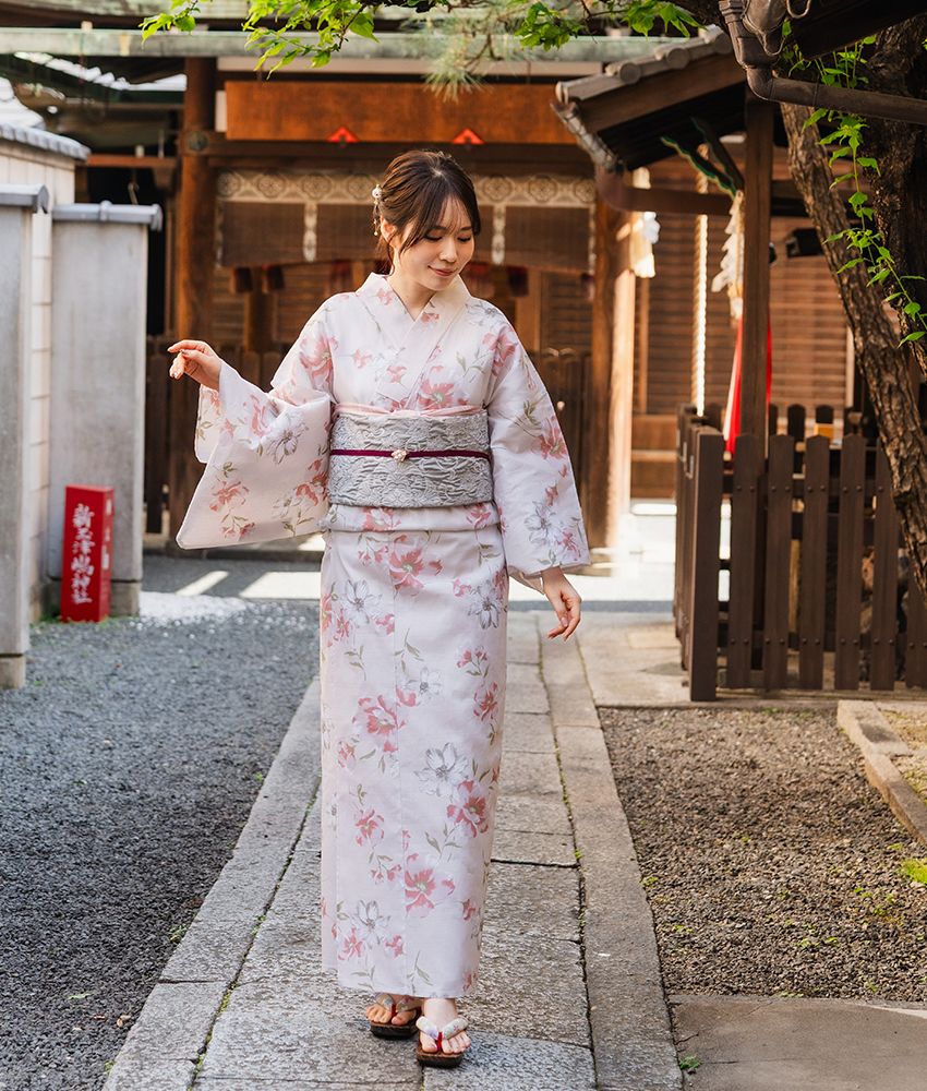 浴衣 レディース 単品 フリーサイズ オフホワイト 花 ピンク 花咲音 綿
