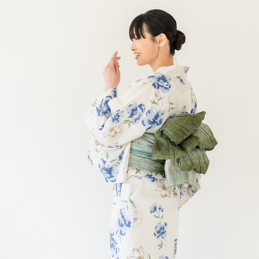 浴衣 レディース 単品 フリーサイズ オフホワイト 花 ブルー 花咲音 綿