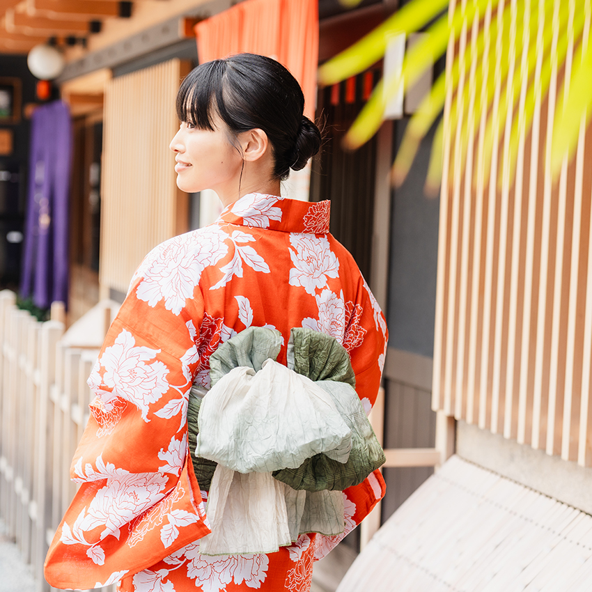 浴衣 レディース 単品 フリーサイズ 朱色 牡丹 花咲音 綿 花火大会 夏