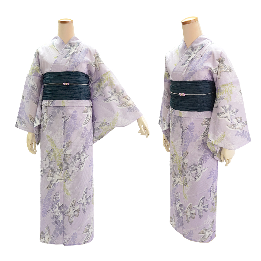 浴衣 レディース 単品 みすゞうた フリーサイズ 綿絽 薄紫 花 鳥